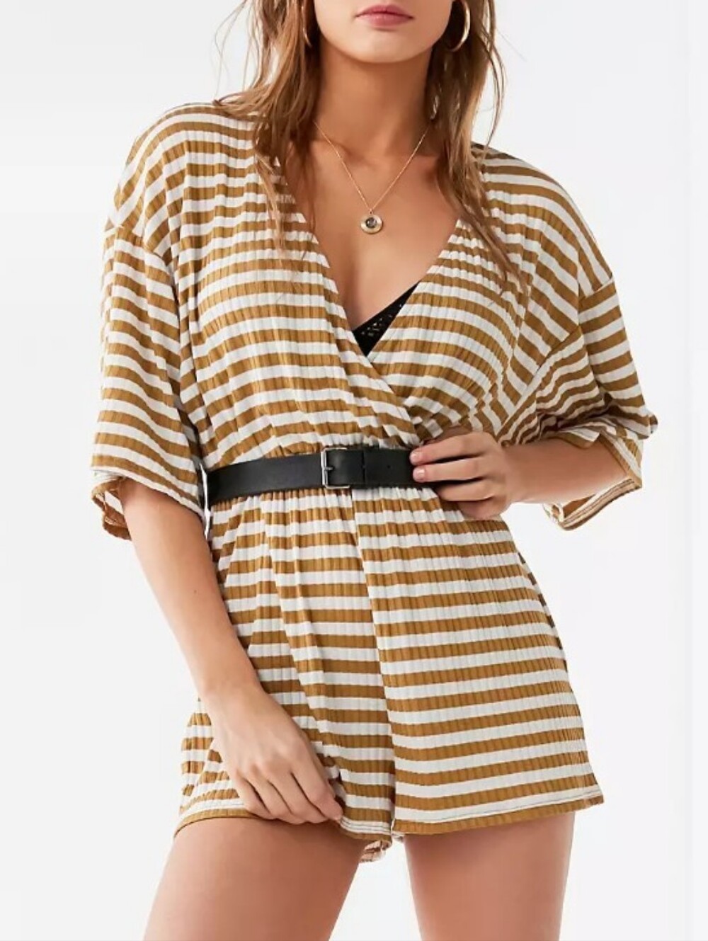 UO Mustard Yellow & White Stripe Ribbed Knit Surplice Kimono Romper, Size XS